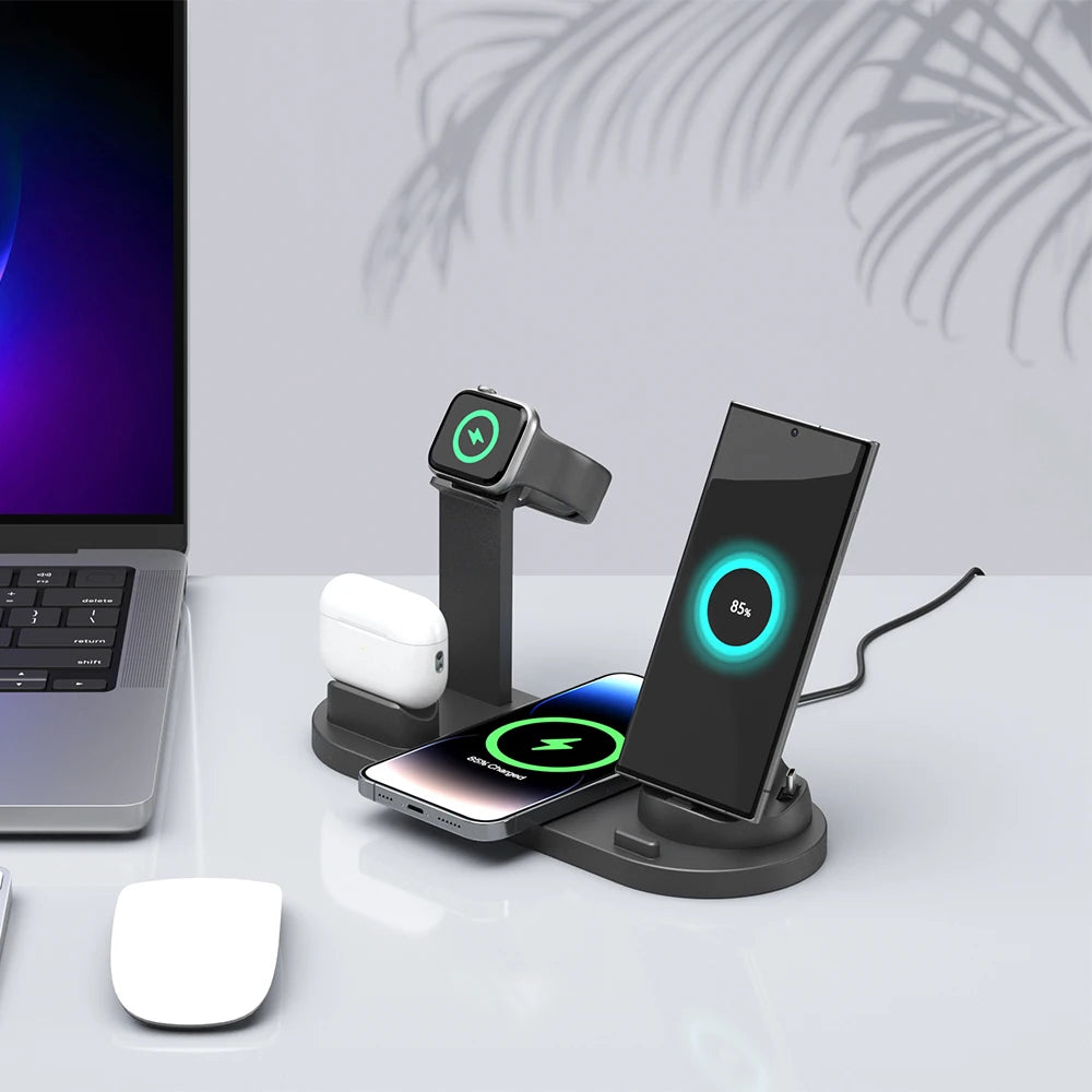 Popular Six in 1 15W Wireless Charging Desktop Station Multifunction Magnetic for Smart Watch Earphone for iPhone Plastic
