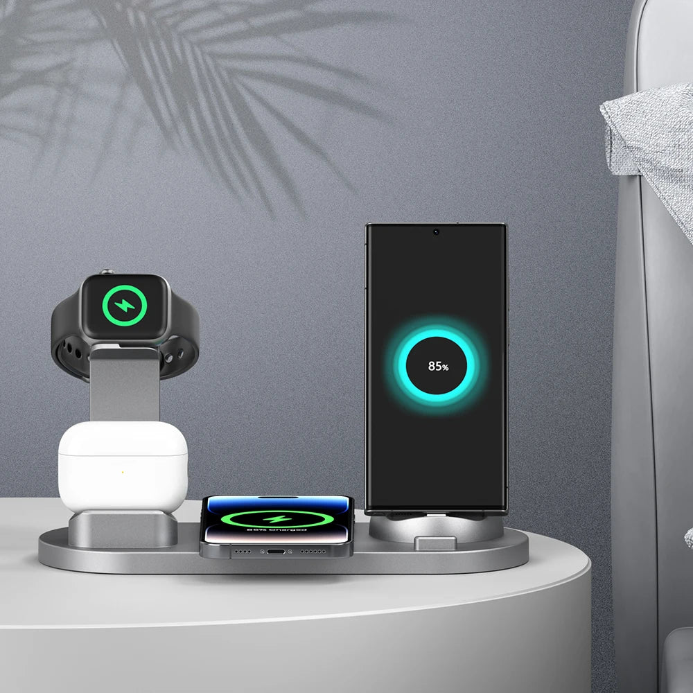 Popular Six in 1 15W Wireless Charging Desktop Station Multifunction Magnetic for Smart Watch Earphone for iPhone Plastic