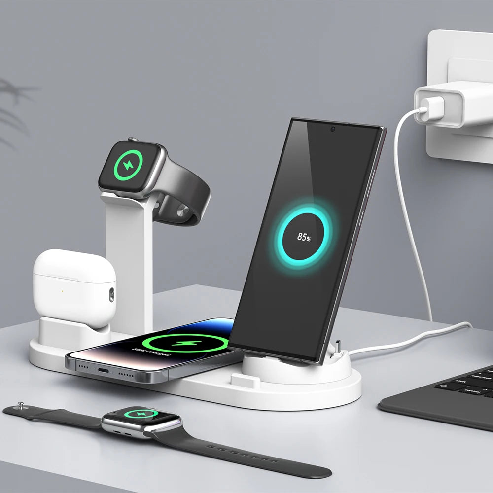 Popular Six in 1 15W Wireless Charging Desktop Station Multifunction Magnetic for Smart Watch Earphone for iPhone Plastic