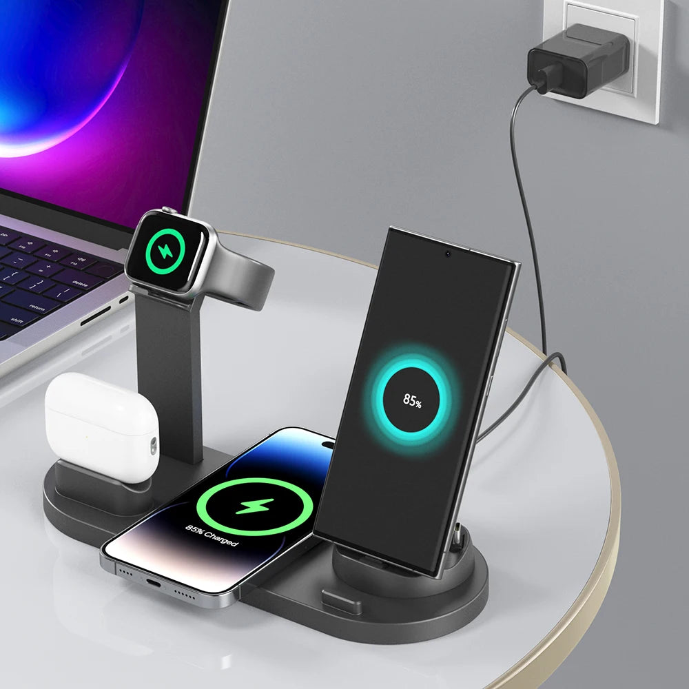 Popular Six in 1 15W Wireless Charging Desktop Station Multifunction Magnetic for Smart Watch Earphone for iPhone Plastic
